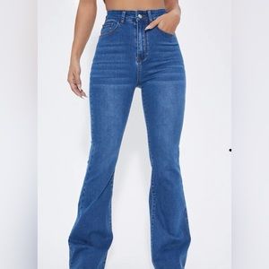 SHEIN EZwear High Waist Patch Detail Raw Cut Flare Leg Jeans